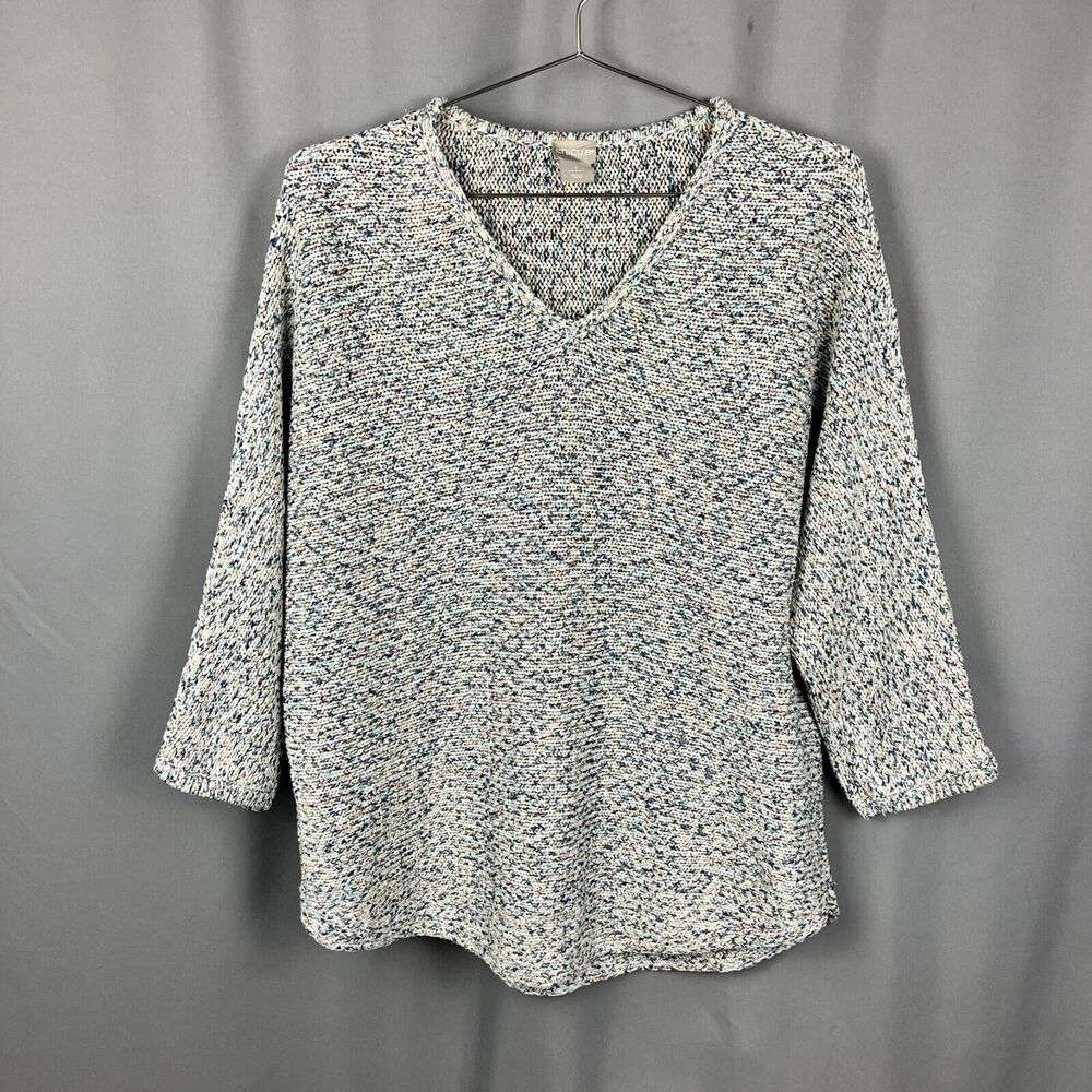 Chicos Knit Sweater Shirt Womens 2 L Marble Fairy V Neck Sparkle 3/4 Sleeve